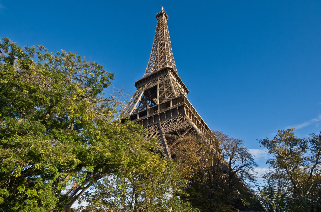 eiffel,tower,in,paris,,france, ,low angle,view,among,green